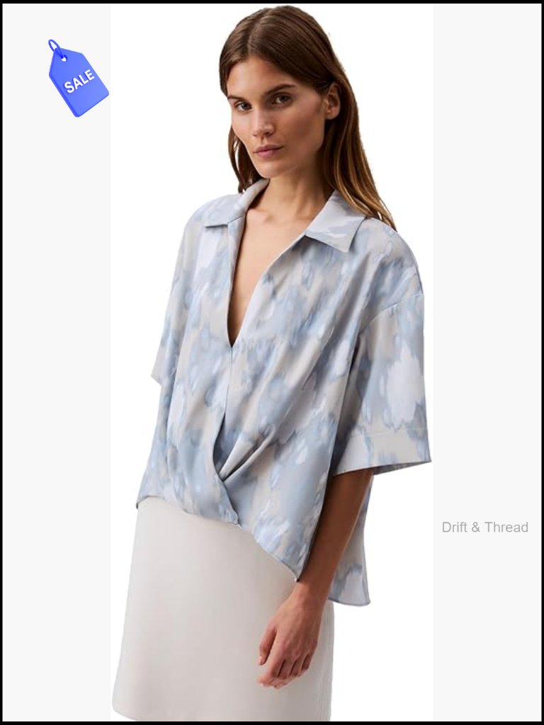 Crepe Printed Wrap Top Long Sleeve Relaxed Fit Peasant Style